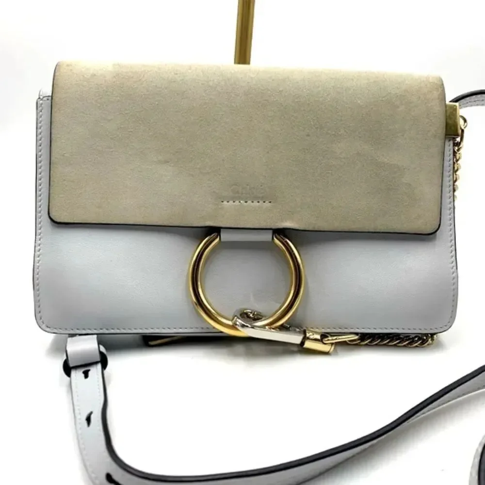 Auth CHLOE Small Faye Crossbody Bag Powder Blue Leather Putty Suede Very Good